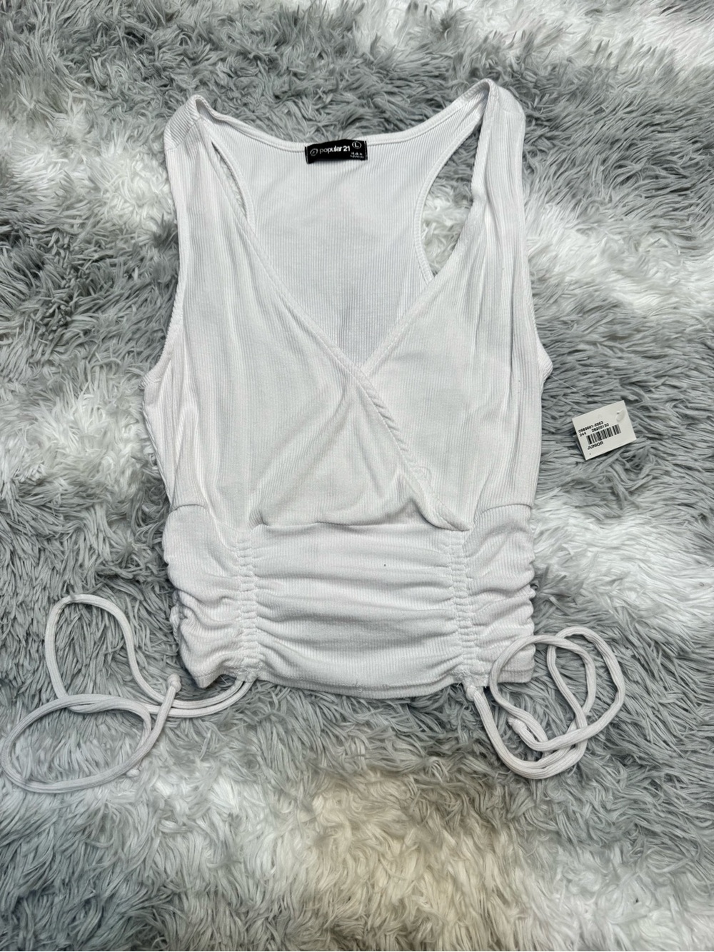 White Ribbed Drawstring Tank Top